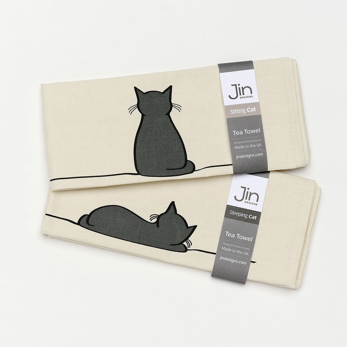 Sitting Cat and Sleeping Cat Tea Towels, Set of Two