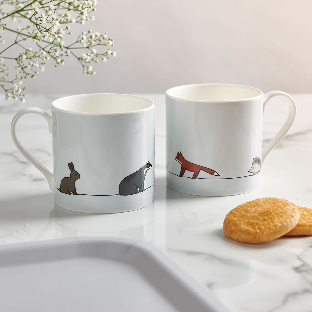 Hand Painted Porcelain Cat Fox Bird Hedgehog Deer Mugs Microwave