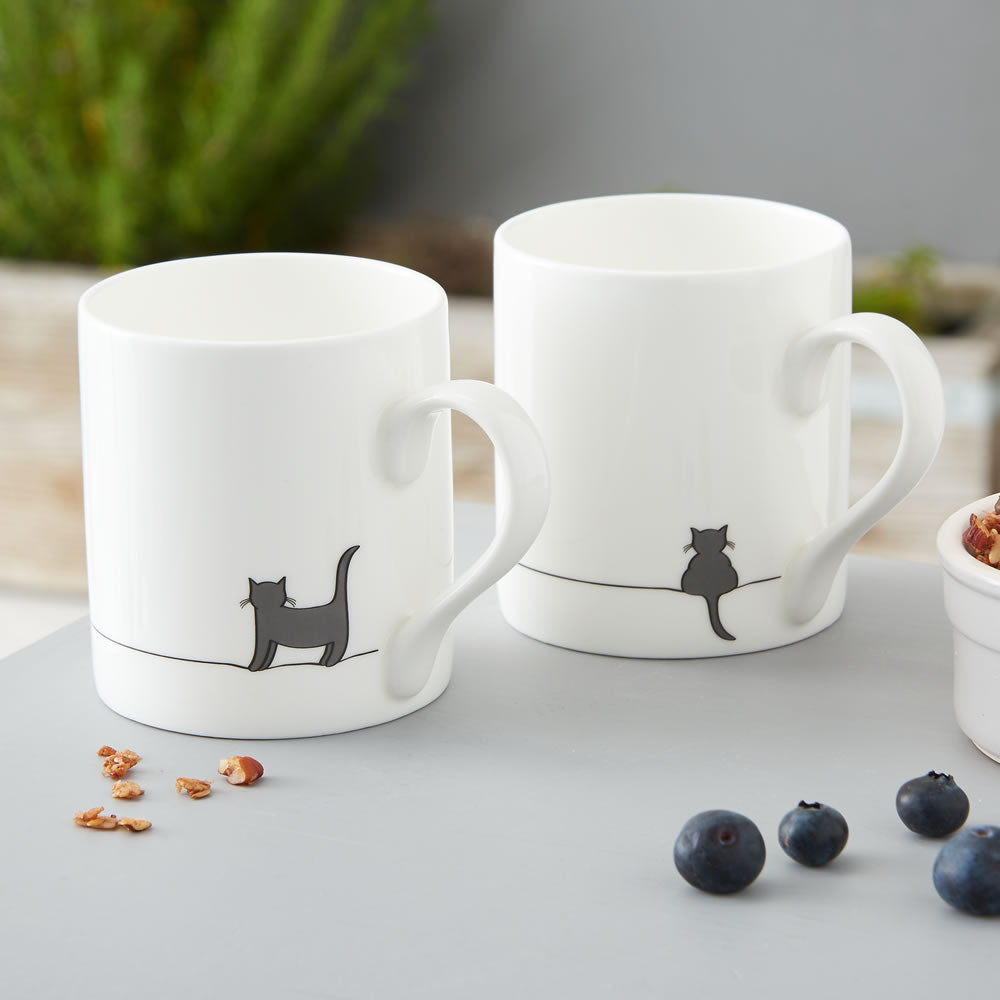 Standing Cat & Crouching Cat Mugs, Set of Two