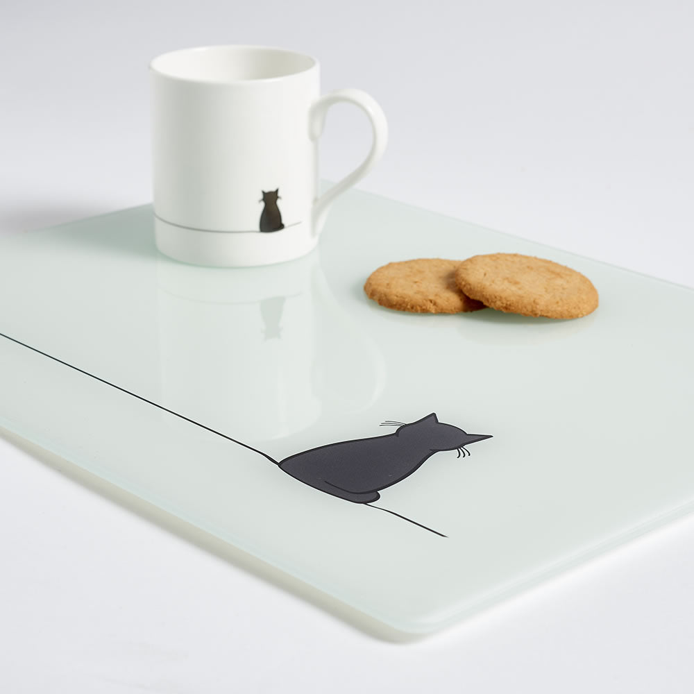 Sitting Cat Worktop Saver with Mug and Biscuits