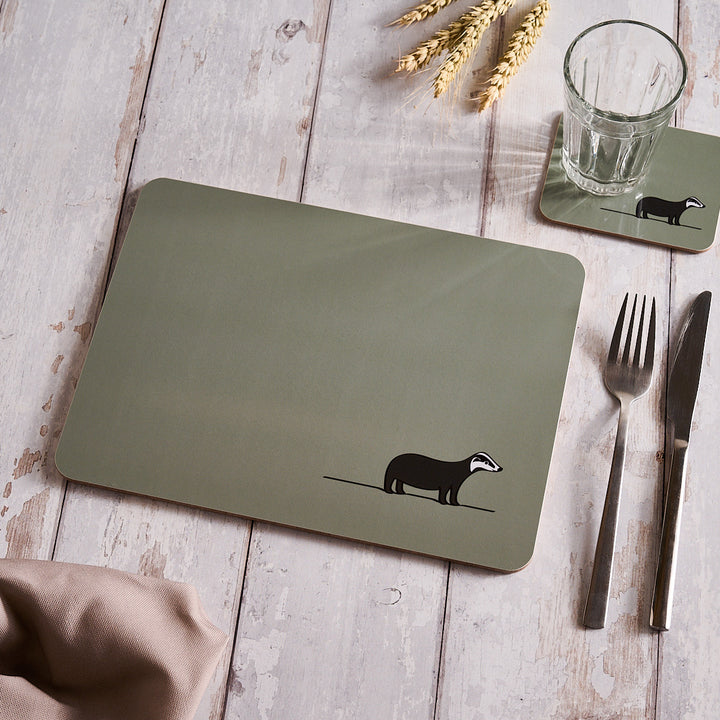 Badger Placemat with Badger Coaster on table with cutlery