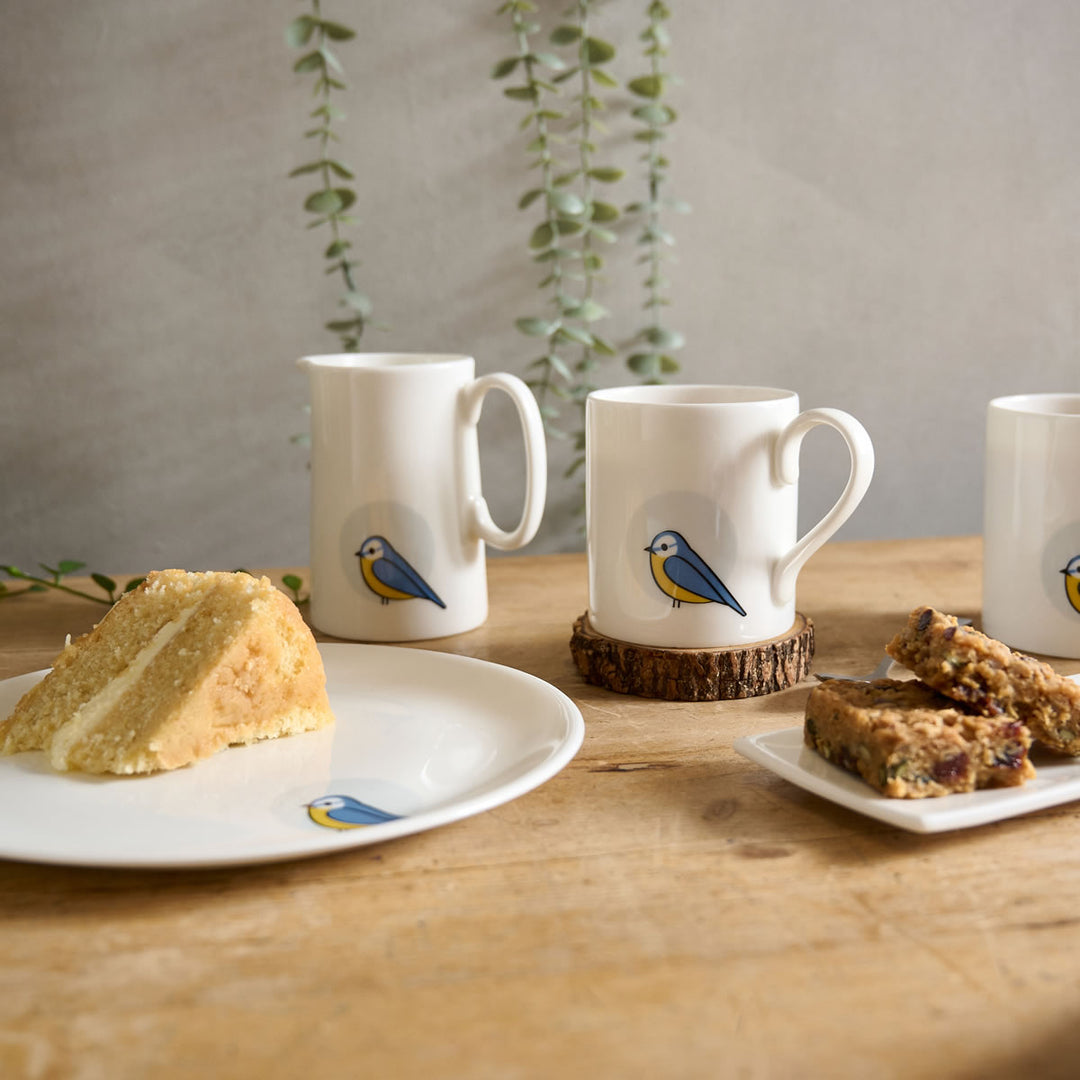 Blue Tit Jug, Mug and Side Plate with cake