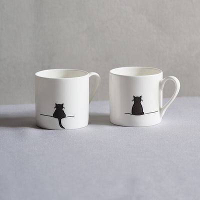 Cat Espresso Mugs, Set of 2, with Crouching Cat and Sitting Cat