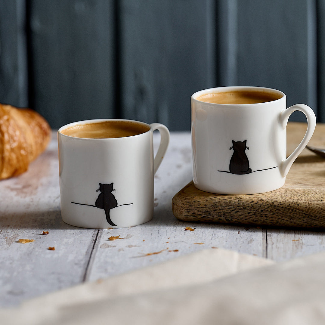 Cat Espresso Mugs, Set of 2, with Crouching Cat and Sitting Cat
