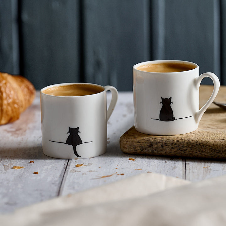 Cat Espresso Mugs, Set of 2, with Crouching Cat and Sitting Cat