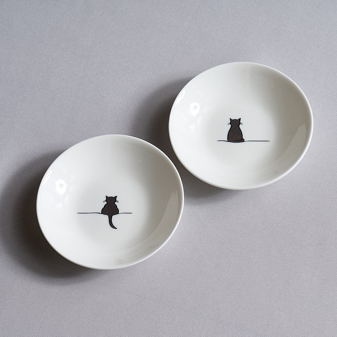 Cat Nibble Dishes, Set of 2, with Sitting Cat and Crouching Cat