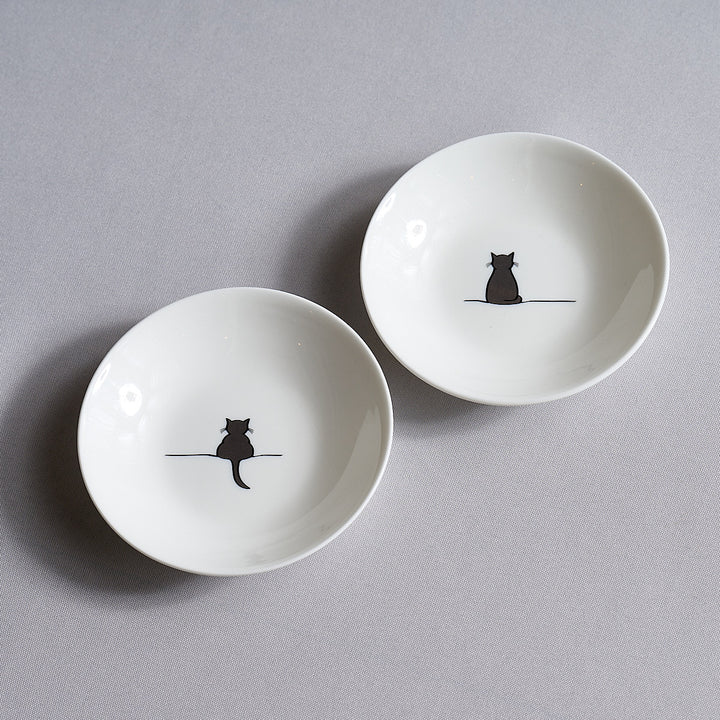 Cat Nibble Dishes, Set of 2, with Sitting Cat and Crouching Cat
