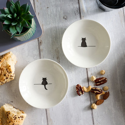 Cat Nibble Dishes, with Crouching and Sitting Cat