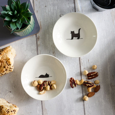 Cat Nibble Dishes, Set of Two with Sleeping Cat and Standing Cat