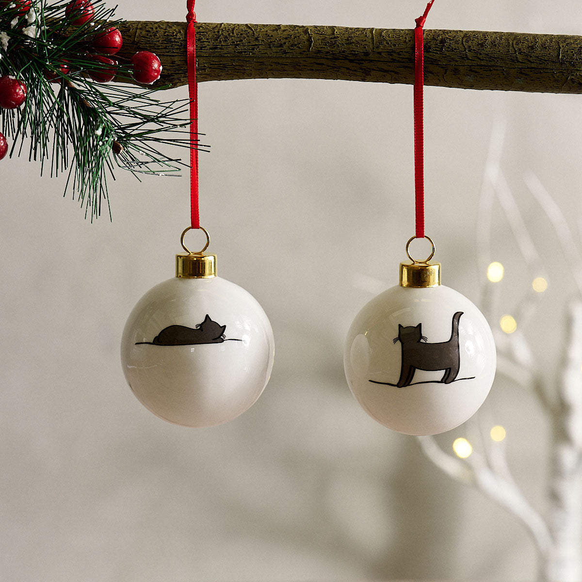Cat Baubles, Set of 2, Sleeping and Standing Cat