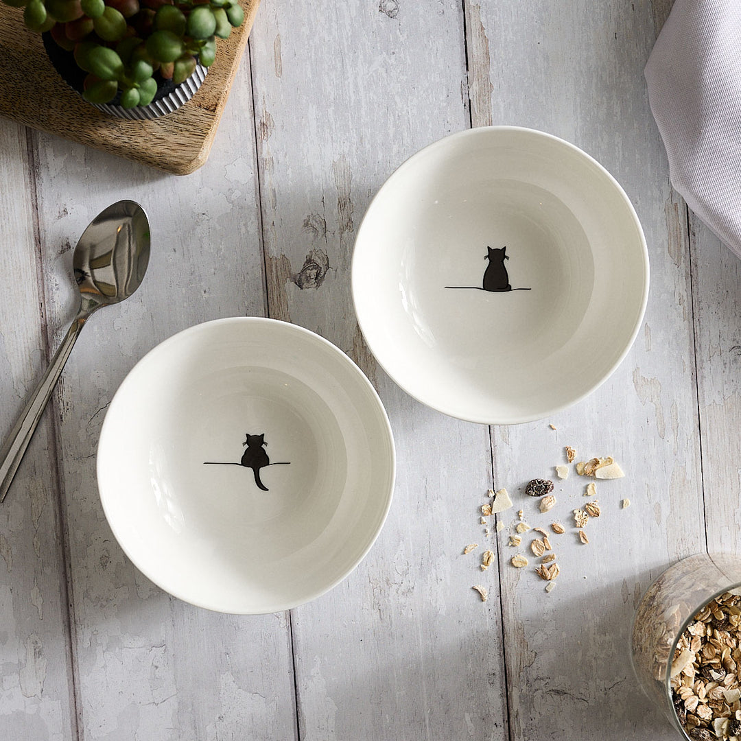 Cat Cereal Bowls with Crouching Cat and Sitting Cat