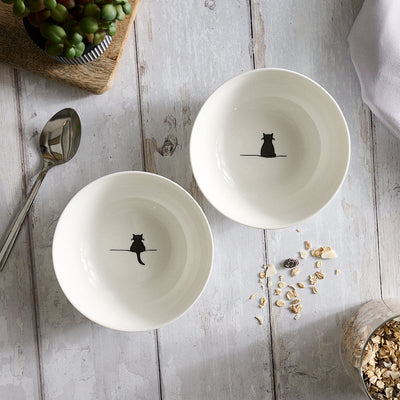 Cat Cereal Bowls with Crouching Cat and Sitting Cat