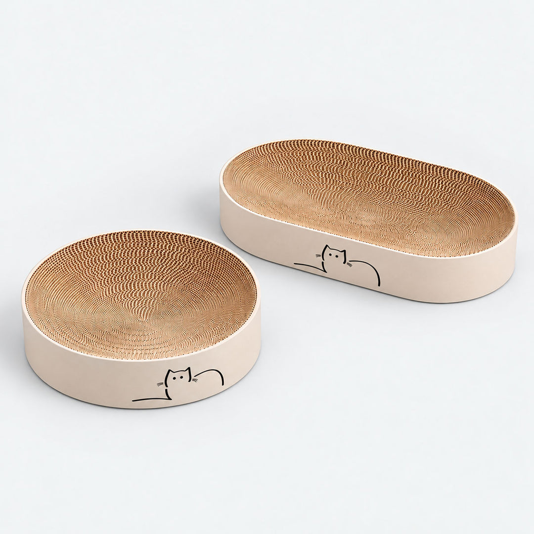 Two cat scratchers in a light sandstone colour with a cardboard inner surface, featuring a minimalist black line drawing of Loafing Cat by Jin Designs on the front of each. The products are arranged on a clean, light grey background.