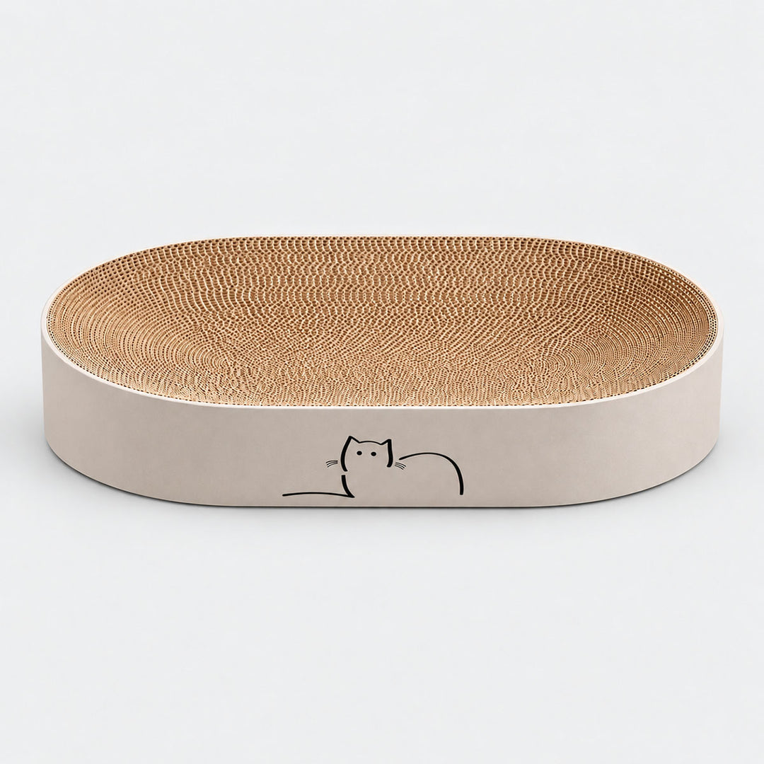 An oval-shaped CatLoaf cat scratcher bed with Loafing Cat 