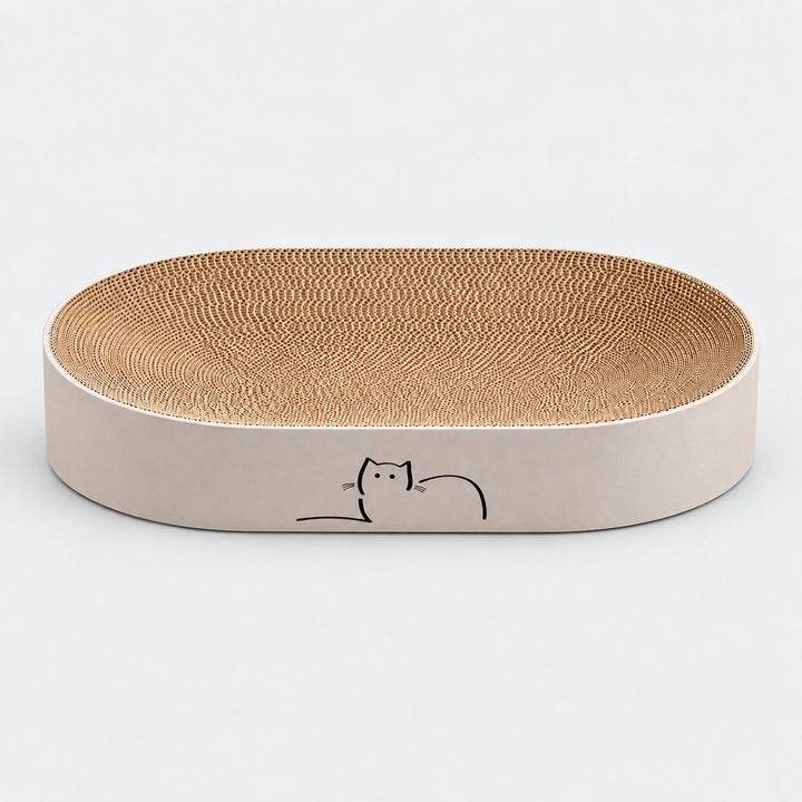 An oval-shaped CatLoaf cat scratcher bed with Loafing Cat 