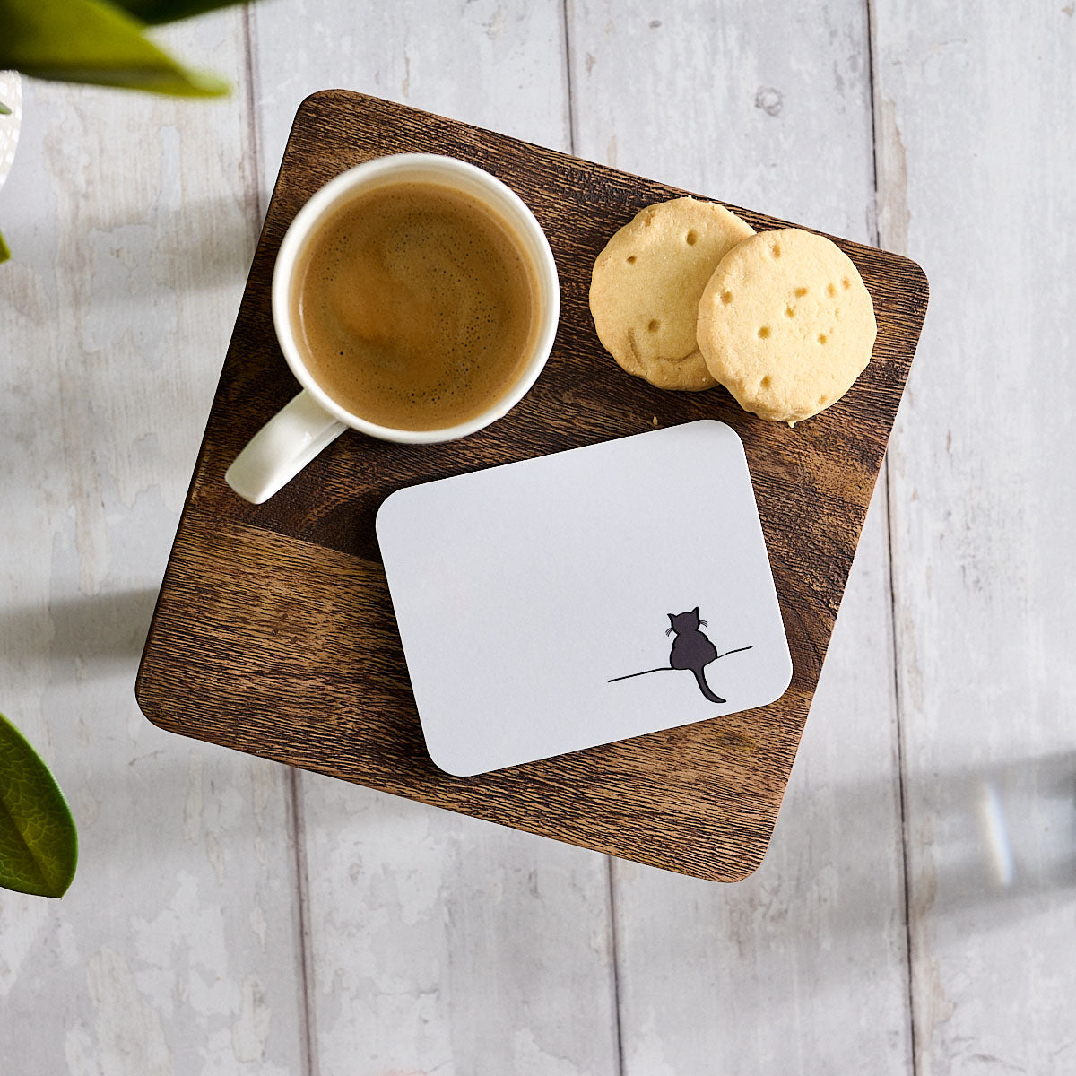 Crouching Cat Coaster with coffee and biscuits