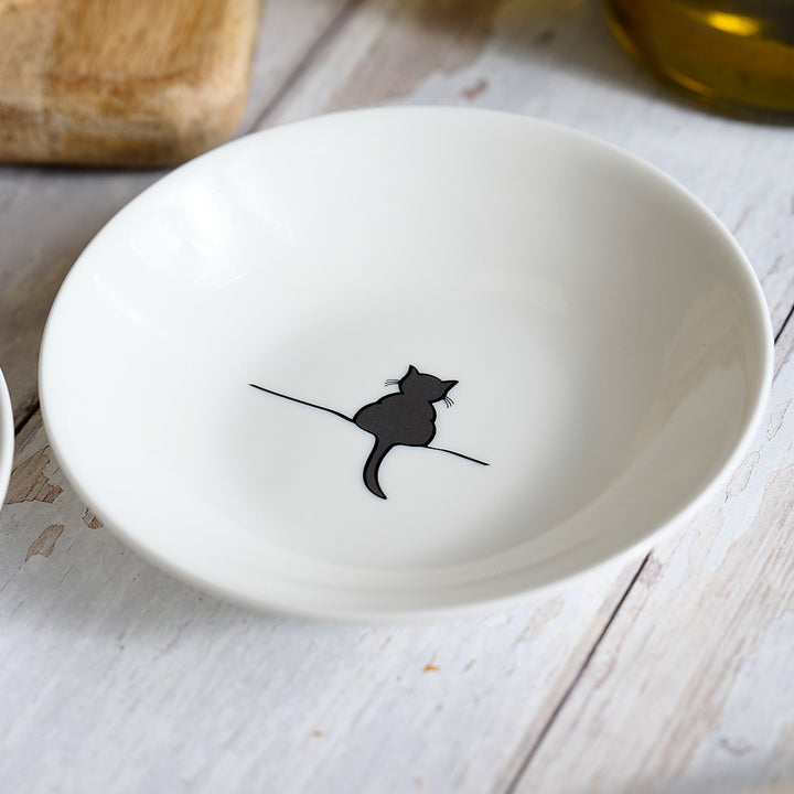 Cat Nibble Dishes, Set of 2, with Sitting Cat and Crouching Cat