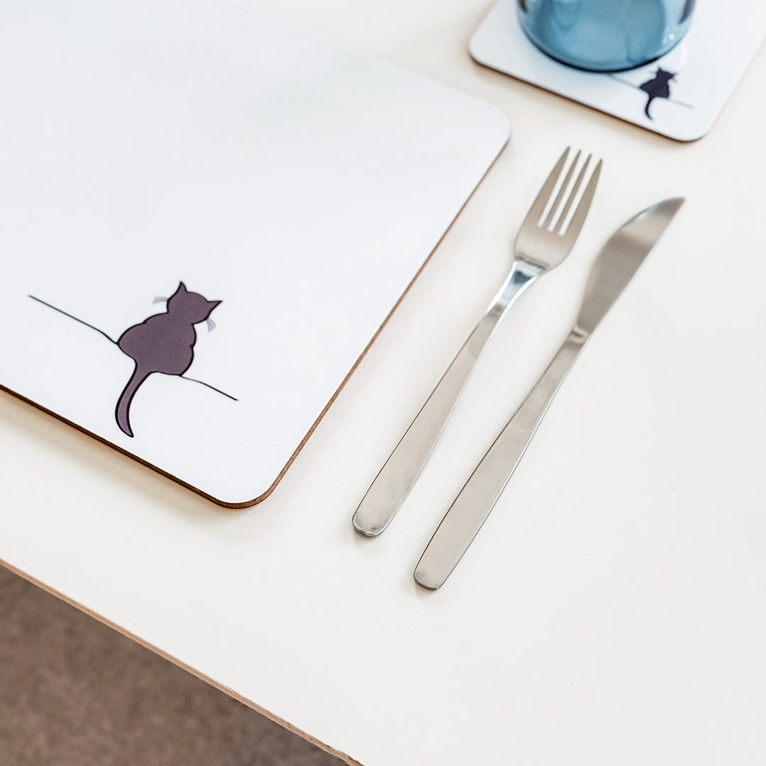 Crouching Cat Placemat on table with knife and fork