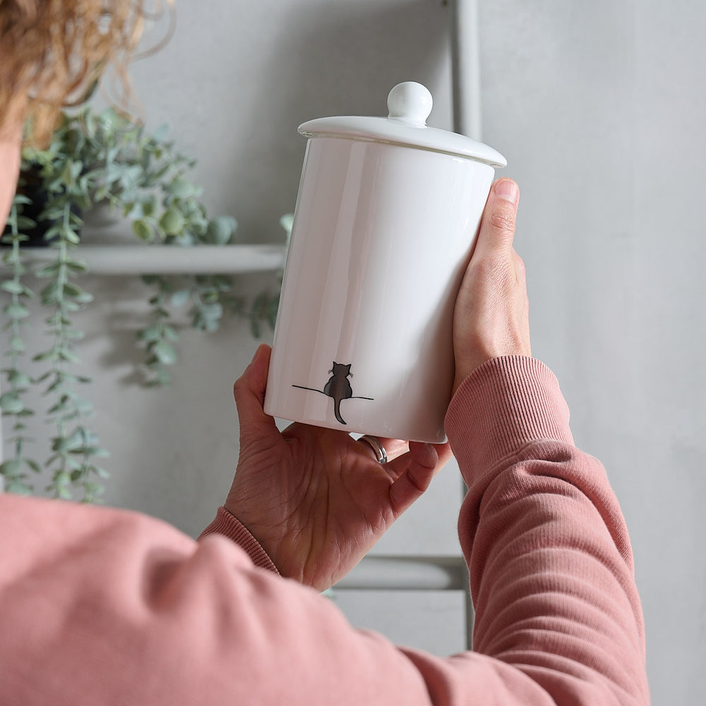 Crouching Cat Storage Jar in hands