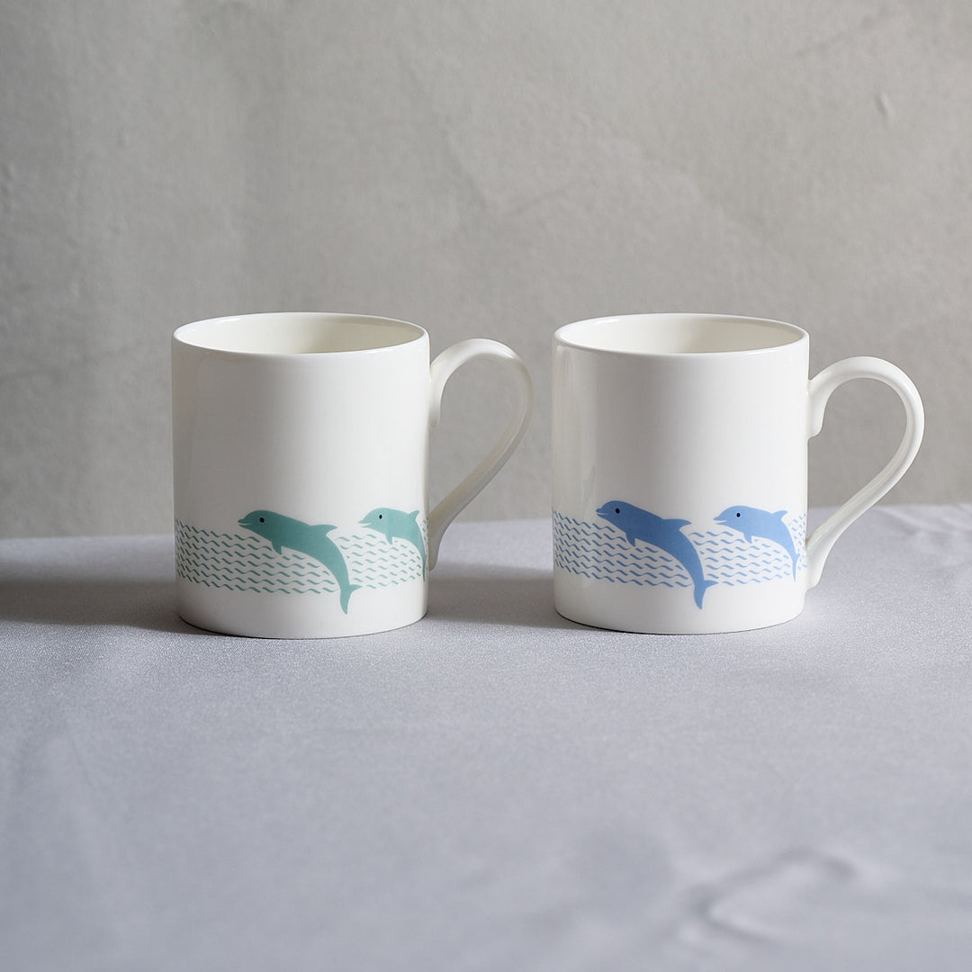 Dolphin Mug, Set of 2 in aqua and blue