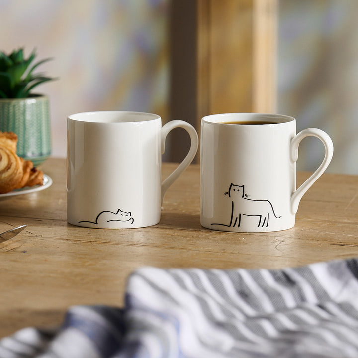 Dreaming Cat and Watching Cat Mugs, Set of Two