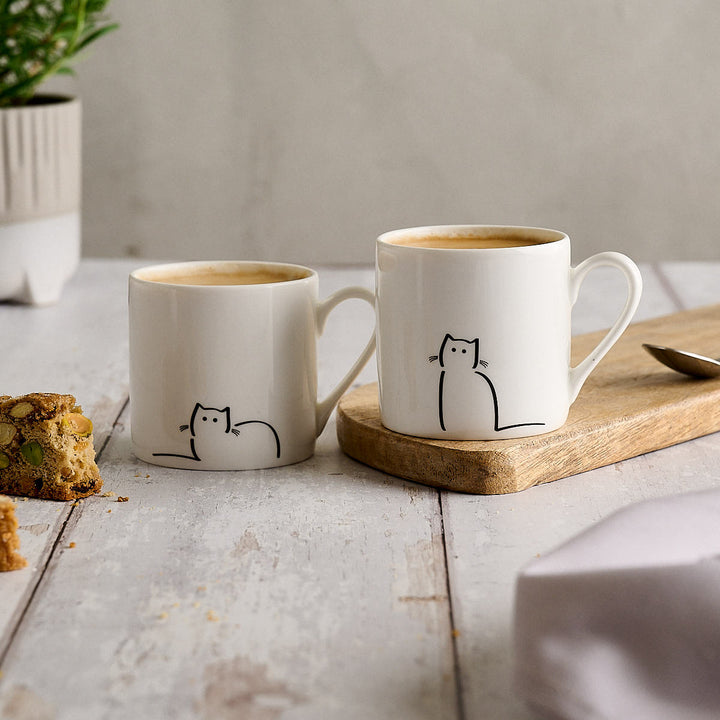 Cat Espresso Mugs, Set of Two with Loafing Cat and Waiting Cat