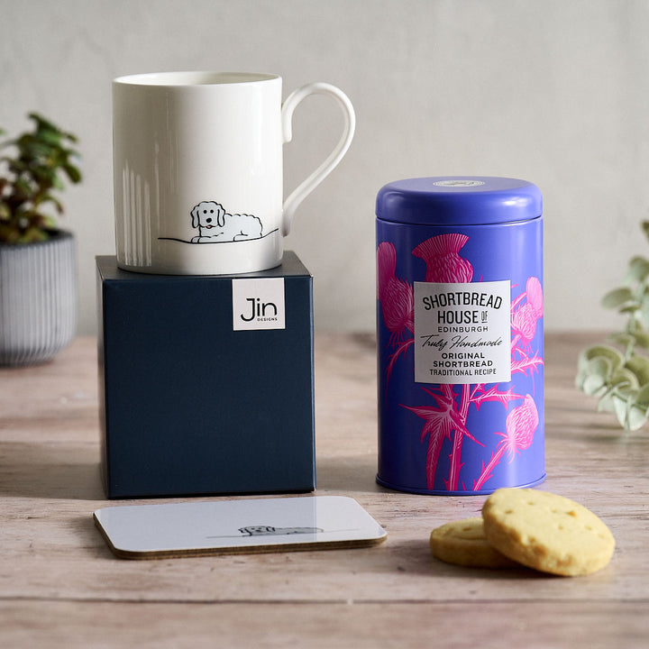 Fluffy Dog Mug, Coaster and Shortbread Gift Set
