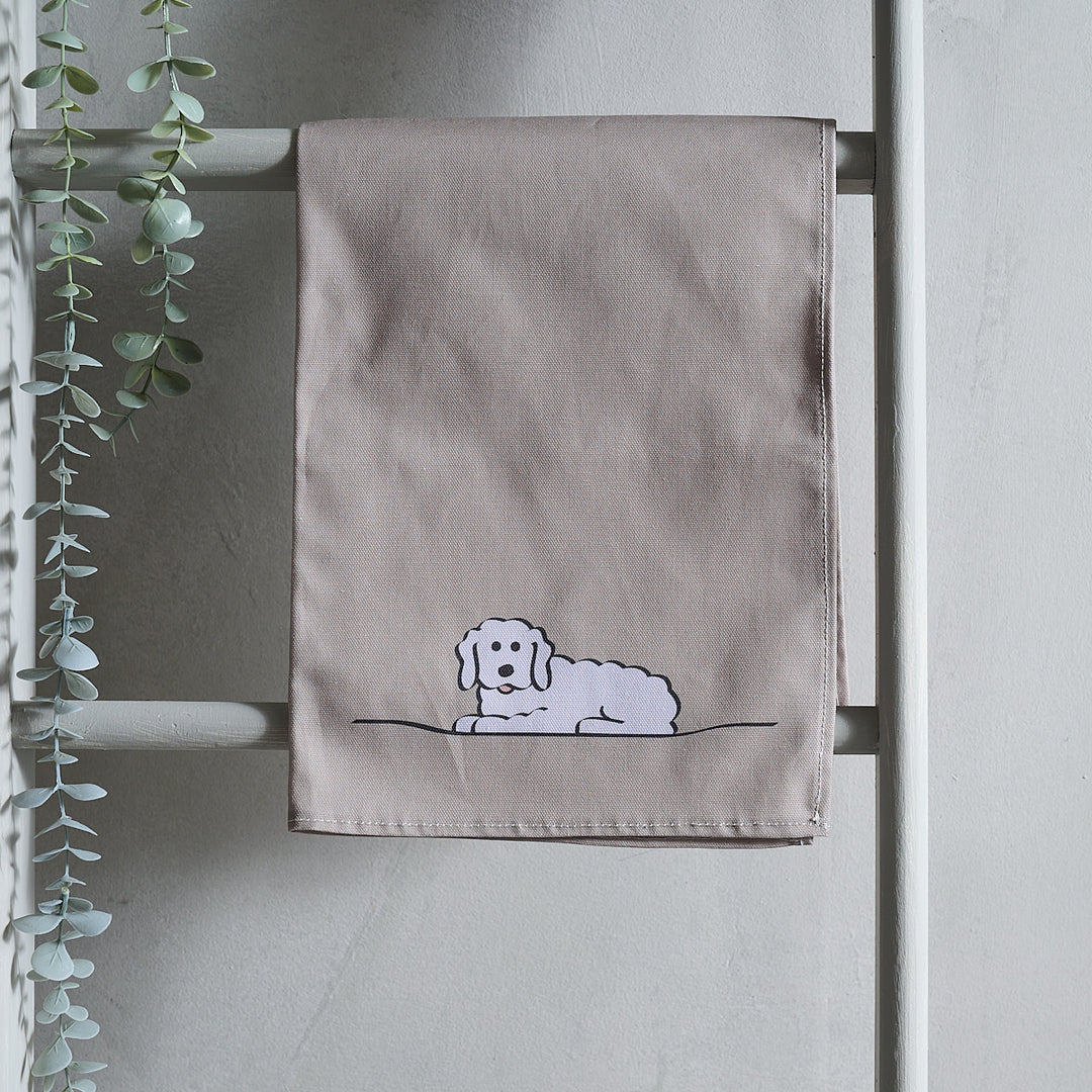 Fluffy Dog Tea Towel hanging up