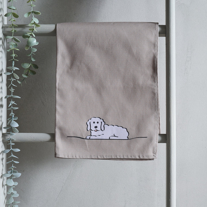 Fluffy Dog Tea Towel hanging up