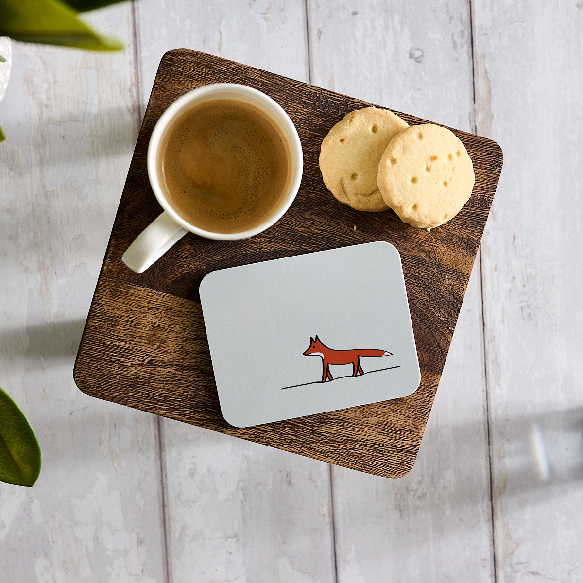 Fox Coaster with coffee and biscuits