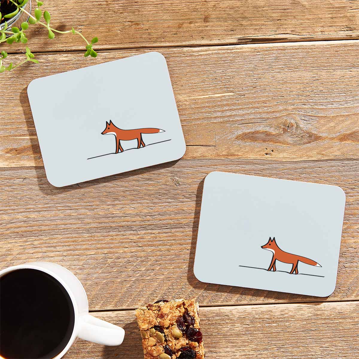 Fox Coasters on table with flapjack