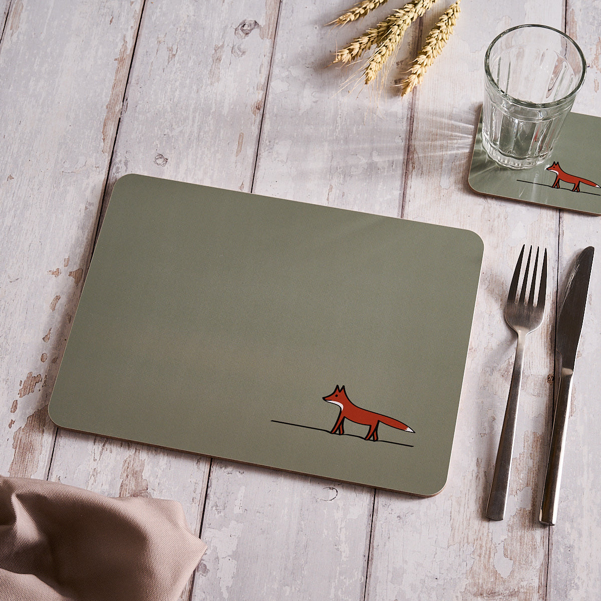 Fox Placemat on table with coaster
