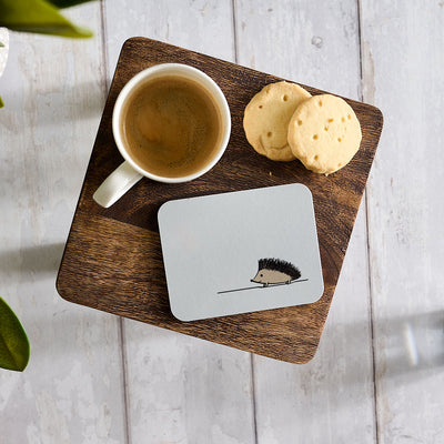 Hedgehog Coaster with coffee and biscuits
