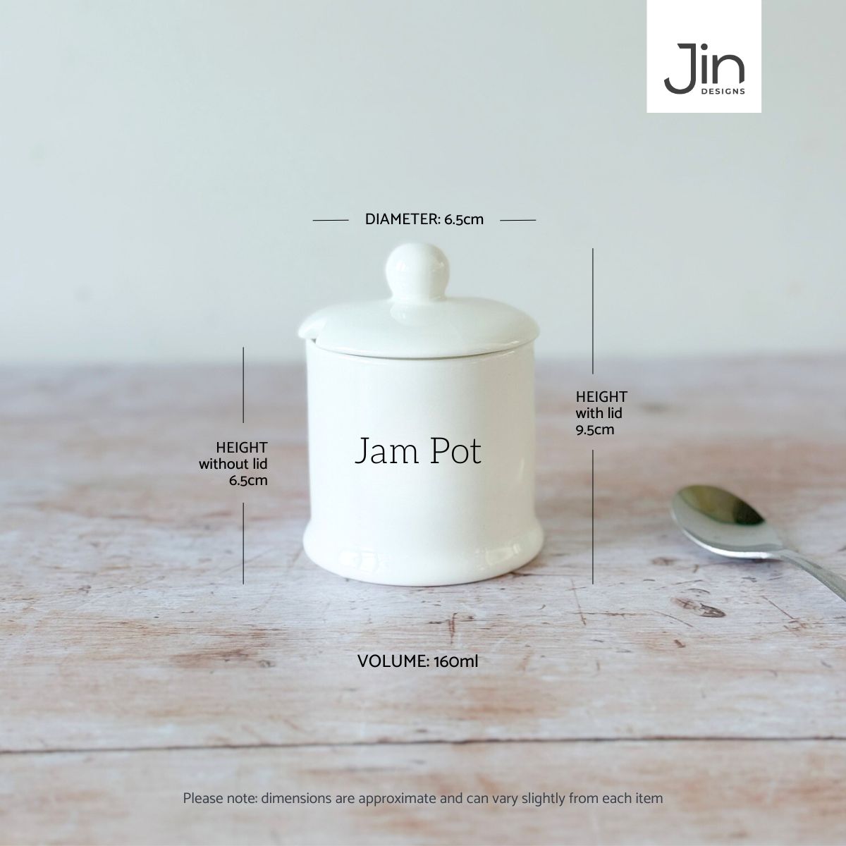 Jin Designs white fine bone china jam pot with dimensions on a wooden surface 