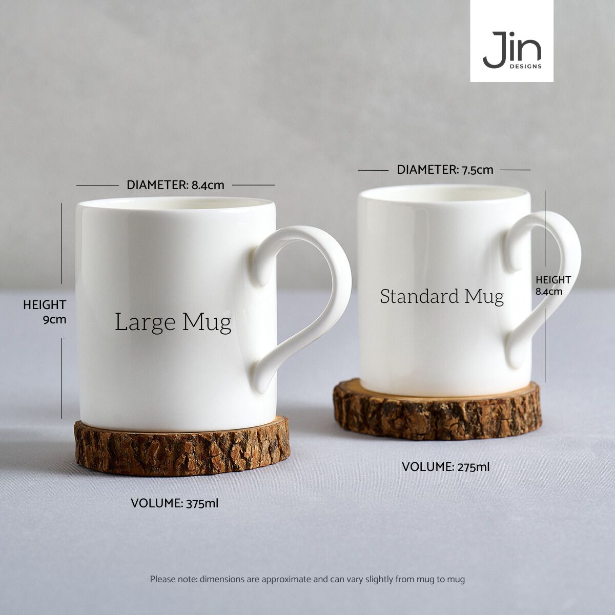 Jin Designs Mug Sizes - Standard and Large