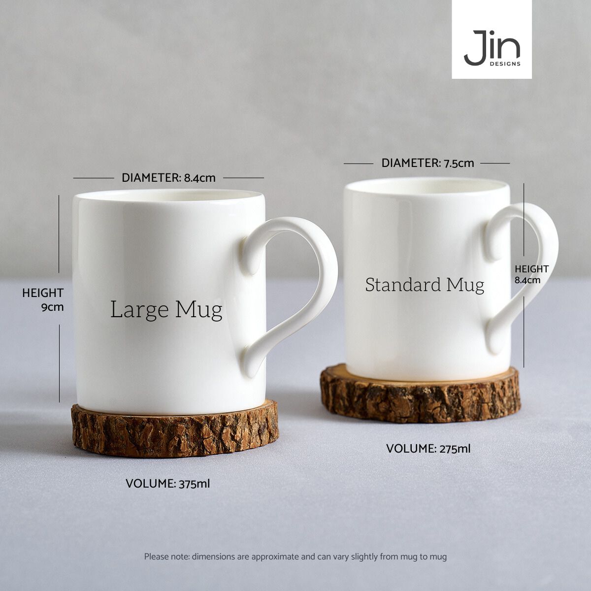 Two Jin Designs white mugs, Large and Standard, with dimensions and volume labels on a grey background.