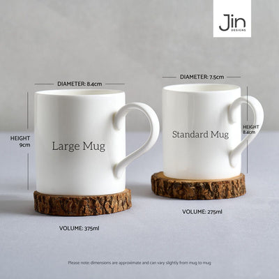 Two Jin Designs white mugs, Large and Standard, with dimensions and volume labels on a grey background.