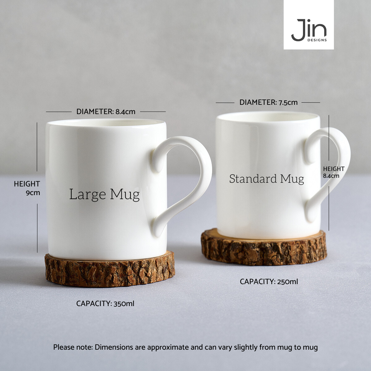Jin Designs Mug Sizes - Standard and Large
