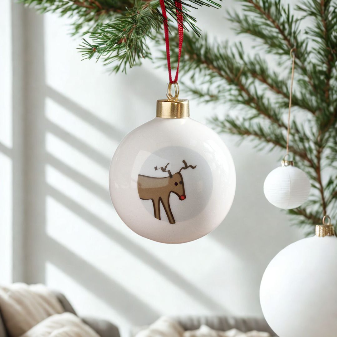 Reindeer Bauble, Fine Bone China on Christmas tree