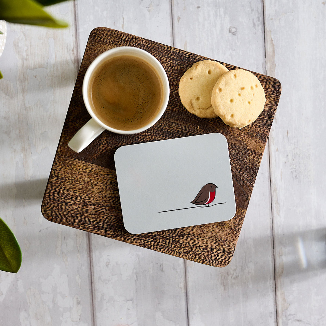 Robin Coaster with coffee and biscuits