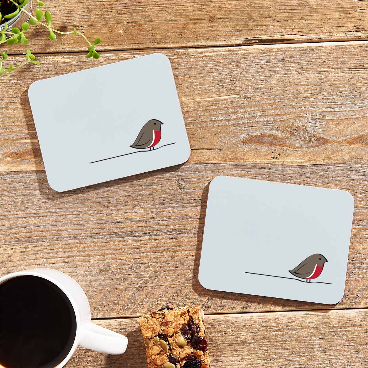 Robin Coasters on table with flapjack