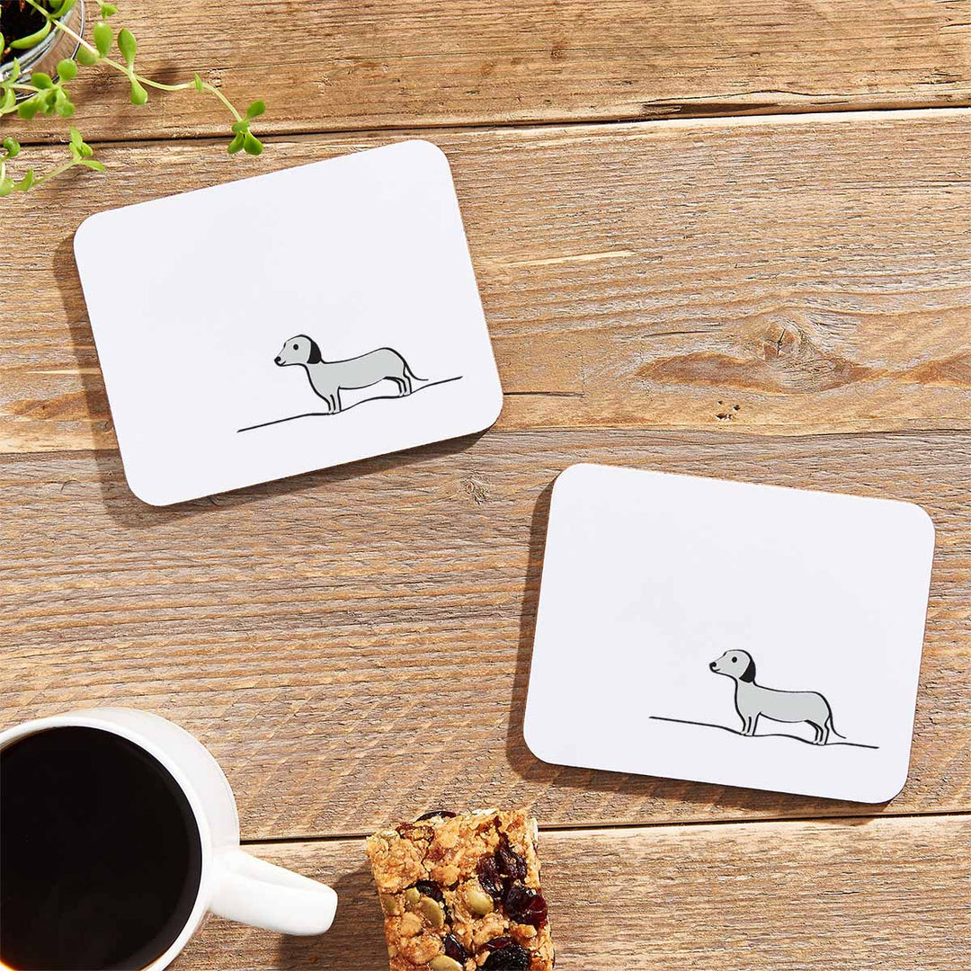 Sausage Dog Coaster on table with flapjack
