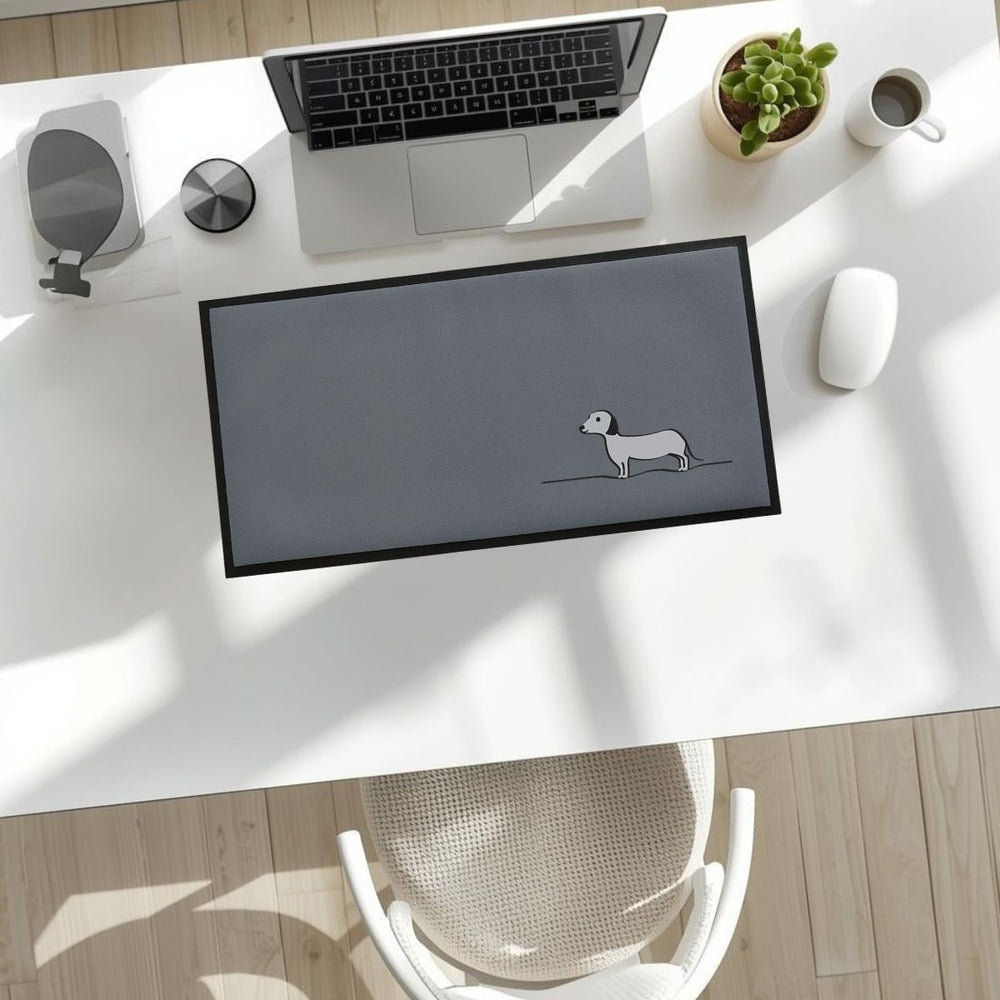 Sausage Dog Desk Mat on desk with plant and coffee mug