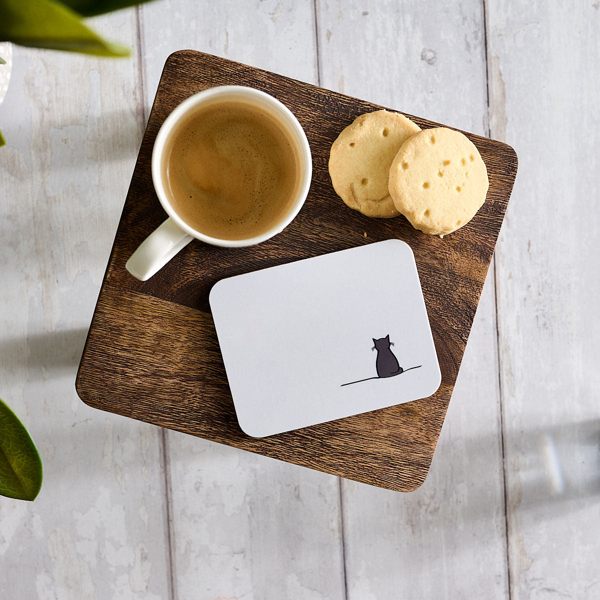 Sitting Cat Coaster with coffee and biscuits