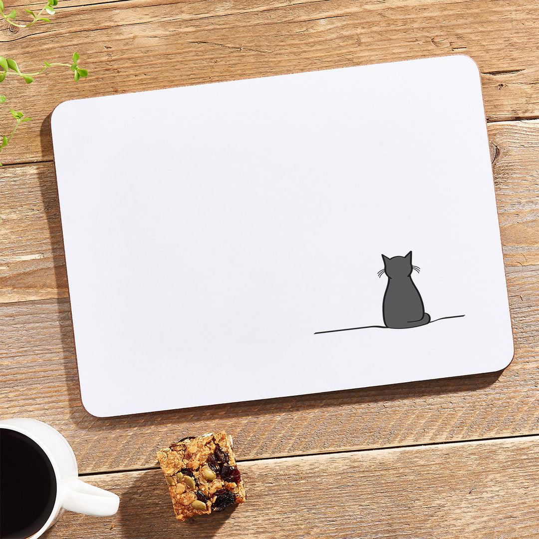 Sitting Cat Placemat with granola bar and coffee