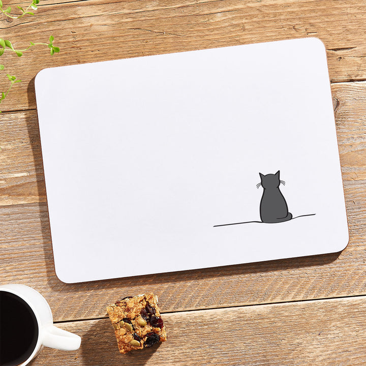 Sitting Cat Placemat with granola bar and coffee