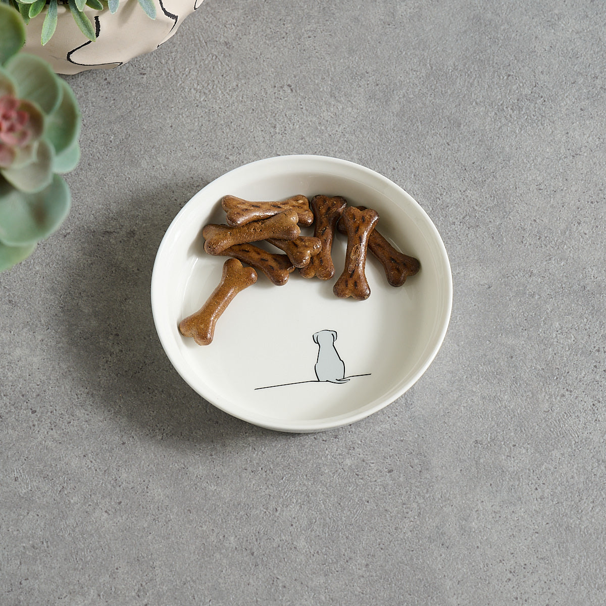 Dog Bowl with Sitting Dog - Light Grey Edition - with dog biscuits