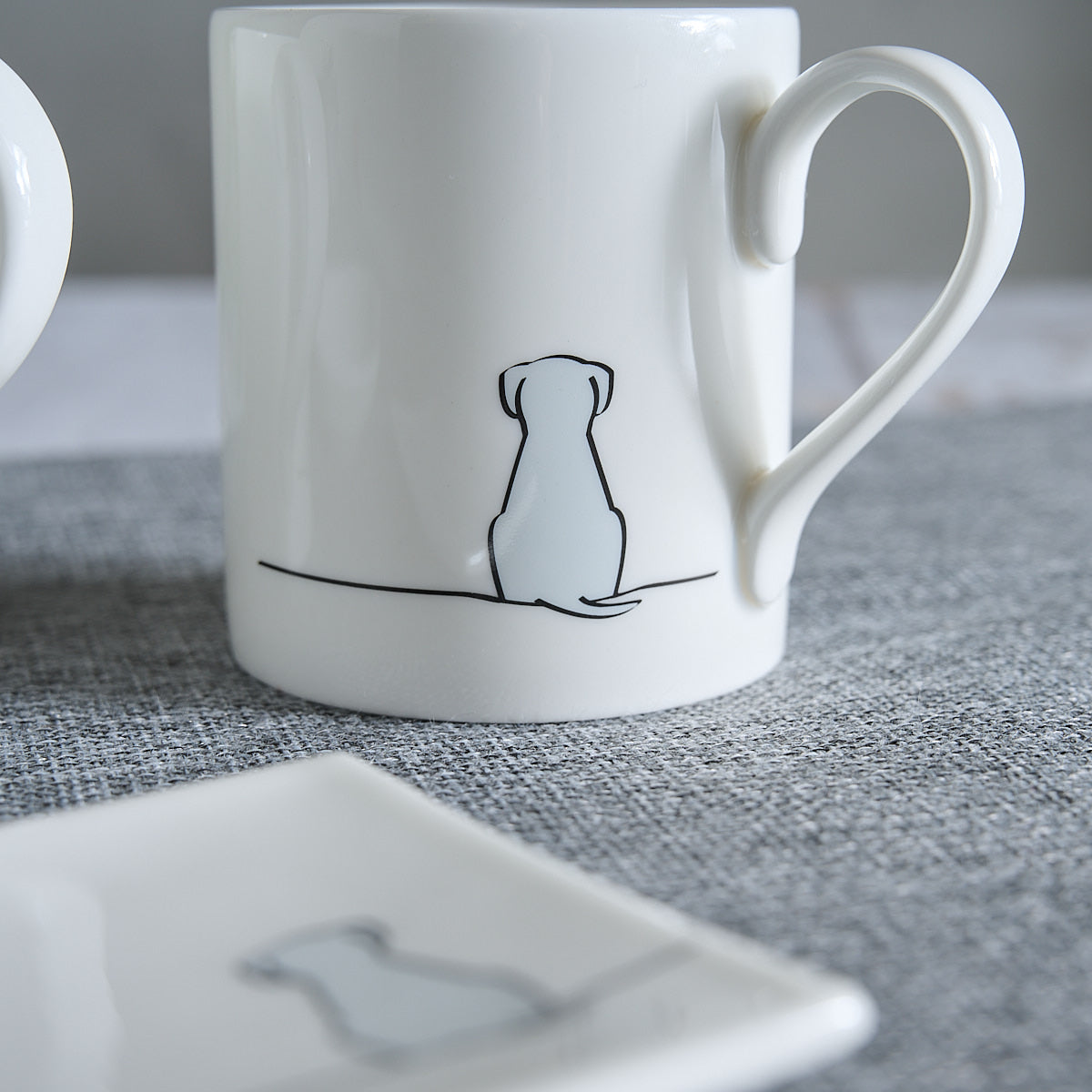 Sitting Dog Mug - Light Grey Edition - close up