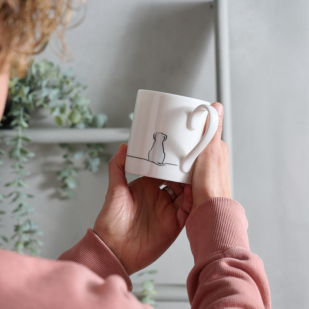 Sitting Dog Mug - Light Grey Edition - in hands