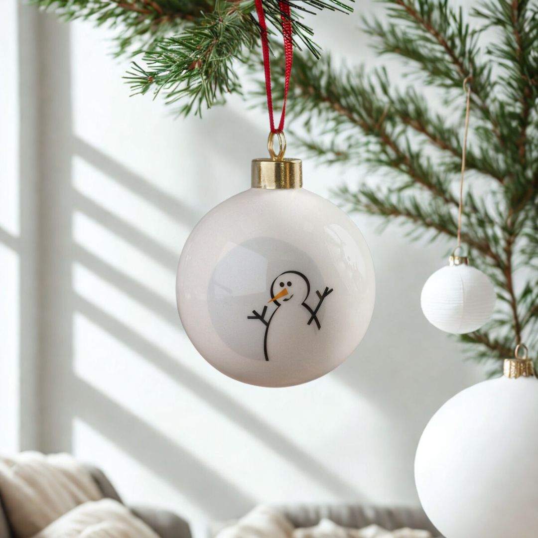 Snowman Bauble, Fine Bone China on Christmas tree